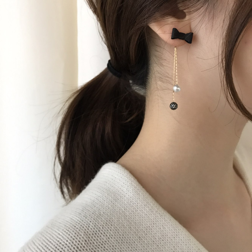 Ham Ribbon Stone Pearl Drop Earrings Date Fashion 