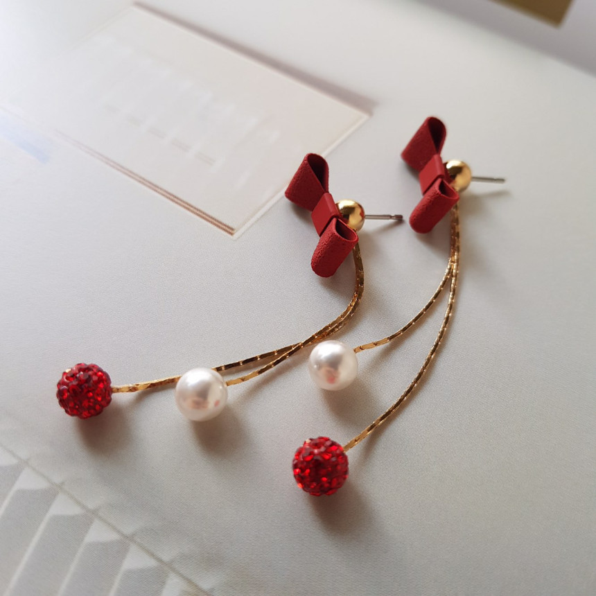 Ham Ribbon Stone Pearl Drop Earrings Date Fashion 