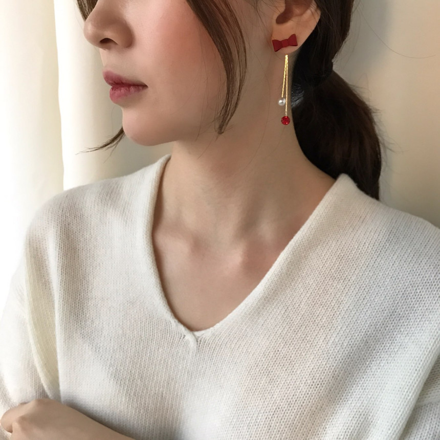 Ham Ribbon Stone Pearl Drop Earrings Date Fashion 