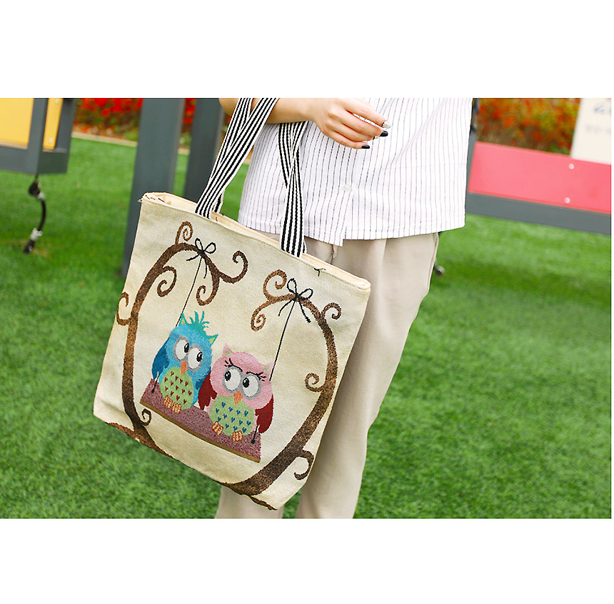 TOTE ECO SHOPPING TRAVEL Couple Owl Eco Bag Embroi