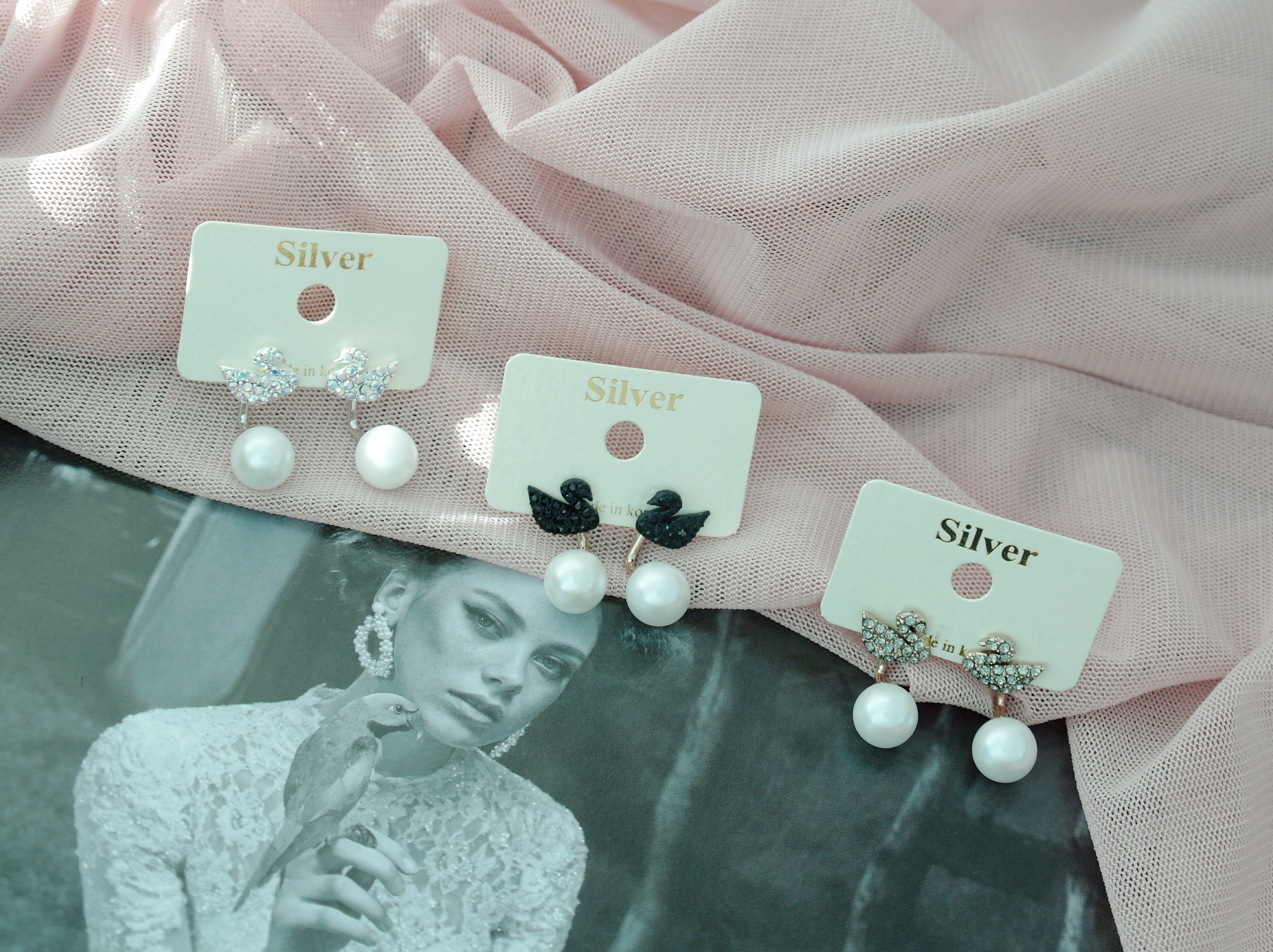 Black Swan Two-Way Pearl Earrings Gilded Wedding F