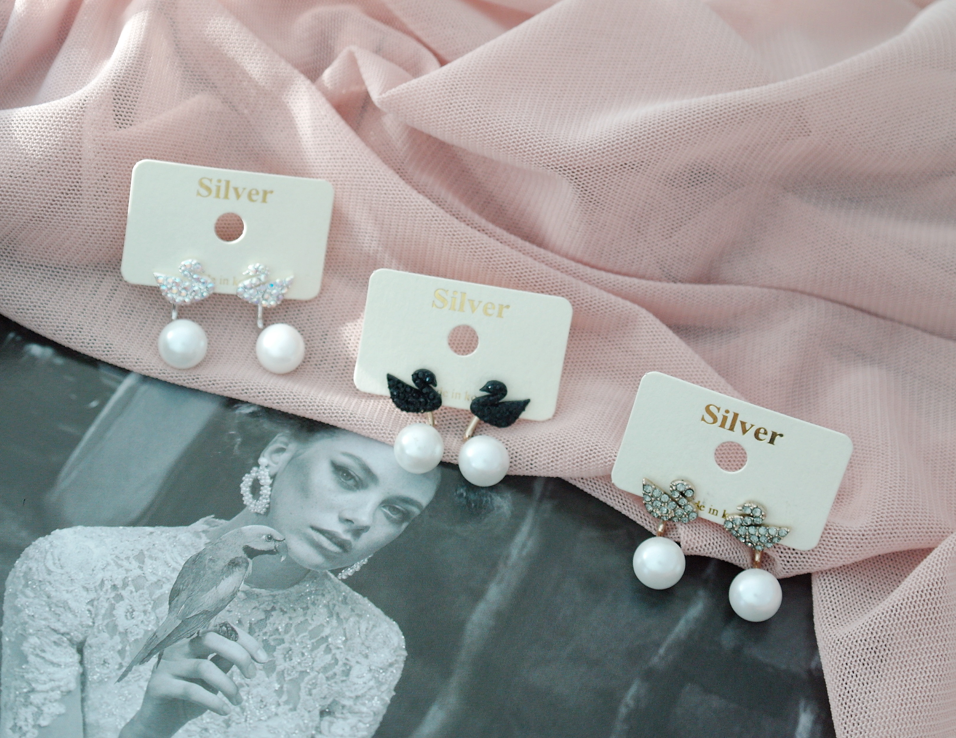 Black Swan Two-Way Pearl Earrings Gilded Wedding F