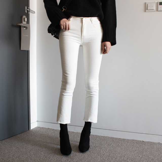세미 부츠컷 팬츠 스판 컷팅 봄 여자 면바지 9부 나팔팬츠 키작녀바지 화이트 블랙 - 상세 이미지 3