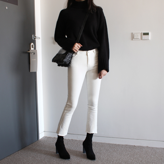 세미 부츠컷 팬츠 스판 컷팅 봄 여자 면바지 9부 나팔팬츠 키작녀바지 화이트 블랙 - 상세 이미지 2