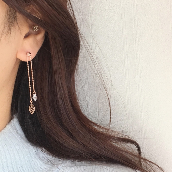 Two-Leaves Two-Drop Drop Earrings Silver Cute Pret