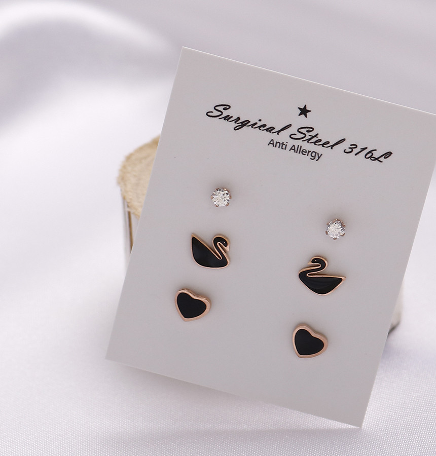 Black color Swan Heart 6 piece Surge Steel Earring