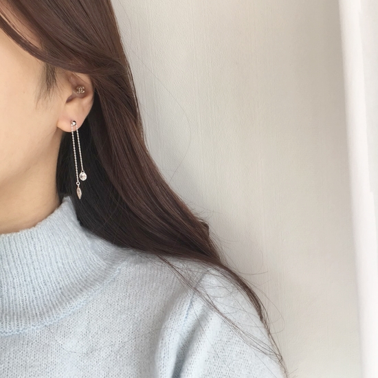 Two-Leaves Two-Drop Drop Earrings Silver Cute Pret