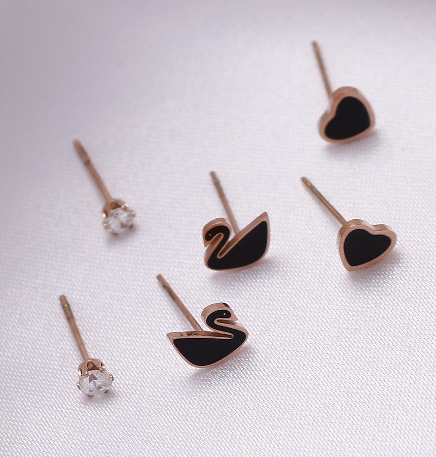 Black color Swan Heart 6 piece Surge Steel Earring