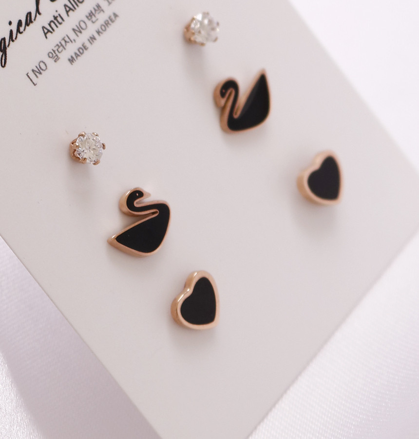 Black color Swan Heart 6 piece Surge Steel Earring