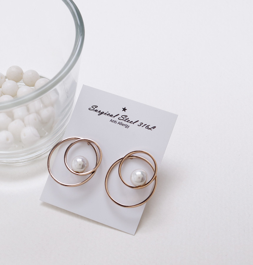 Double Round Pearl Surfacing Steel Earrings Titani