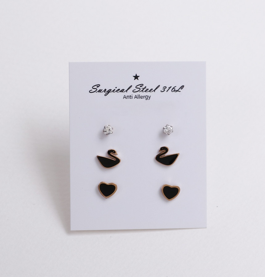 Black color Swan Heart 6 piece Surge Steel Earring