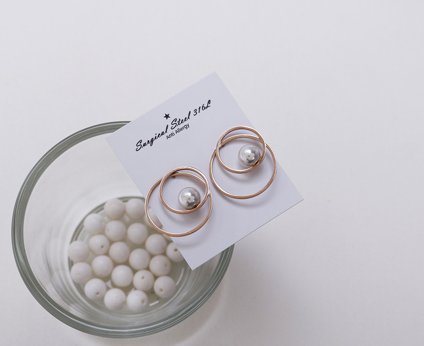 Double Round Pearl Surfacing Steel Earrings Titani