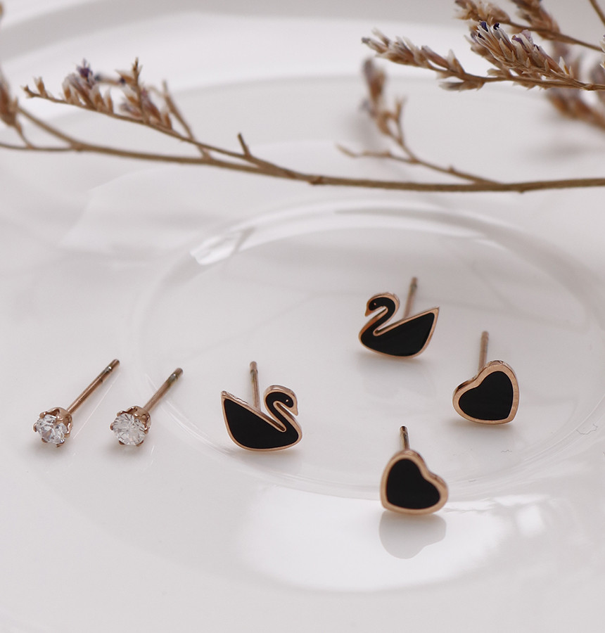 Black color Swan Heart 6 piece Surge Steel Earring
