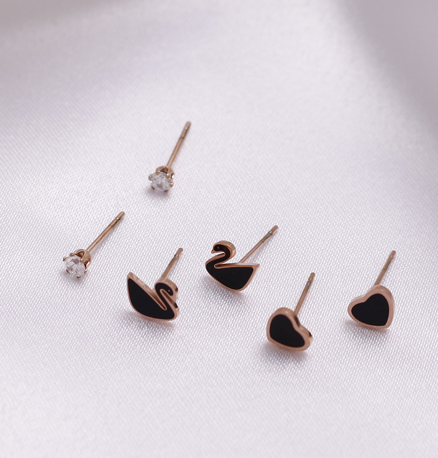 Black color Swan Heart 6 piece Surge Steel Earring