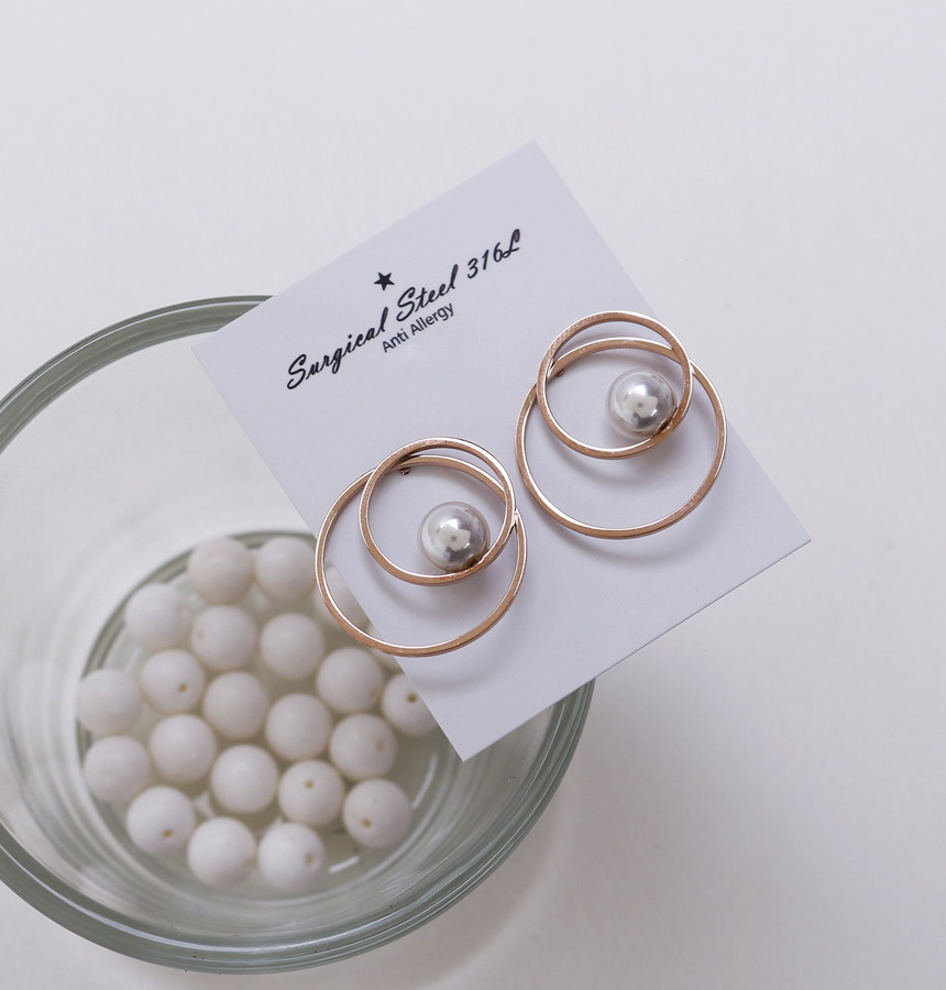 Double Round Pearl Surfacing Steel Earrings Titani