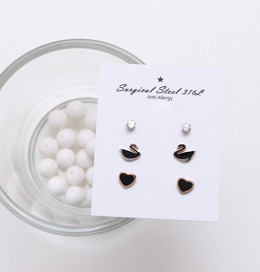Black color Swan Heart 6 piece Surge Steel Earring