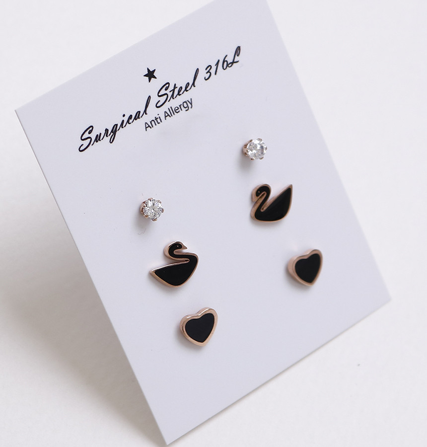 Black color Swan Heart 6 piece Surge Steel Earring