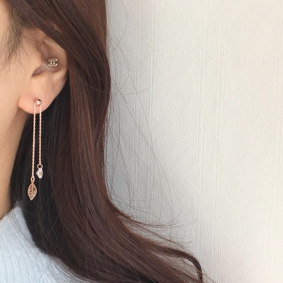 Two-Leaves Two-Drop Drop Earrings Silver Cute Pret