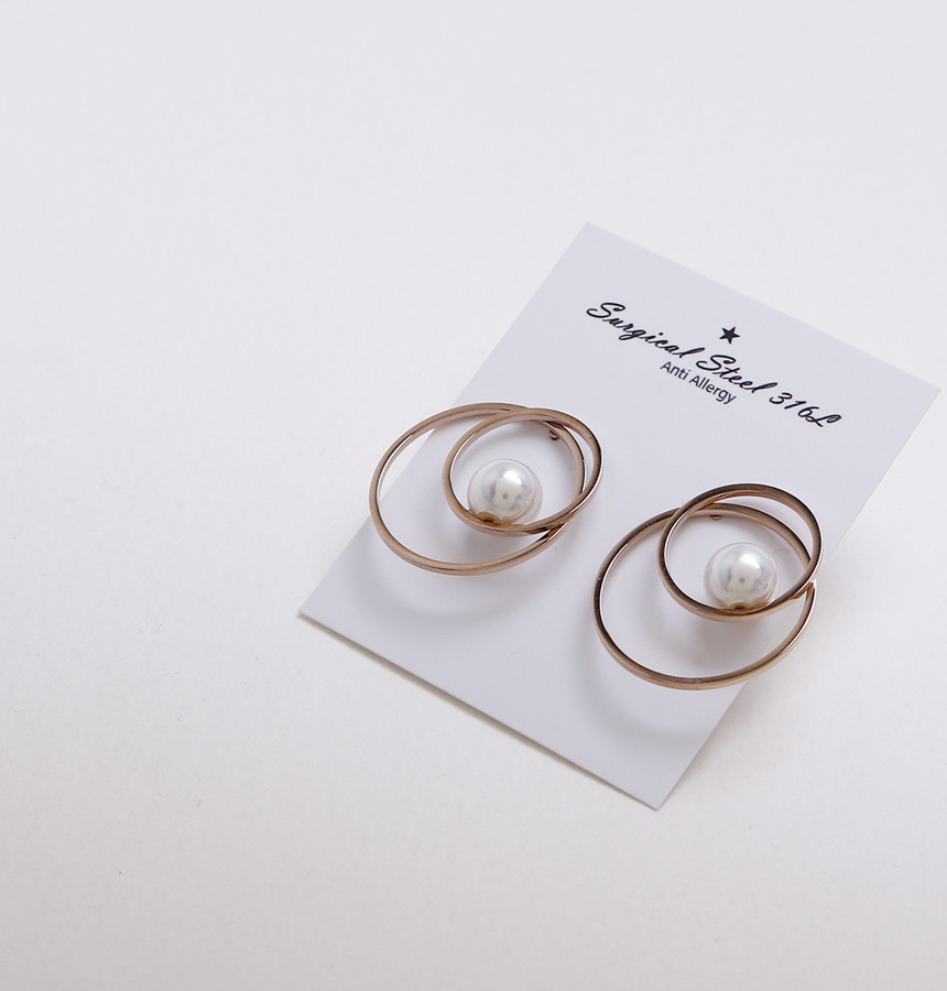 Double Round Pearl Surfacing Steel Earrings Titani