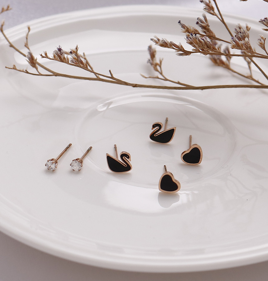 Black color Swan Heart 6 piece Surge Steel Earring