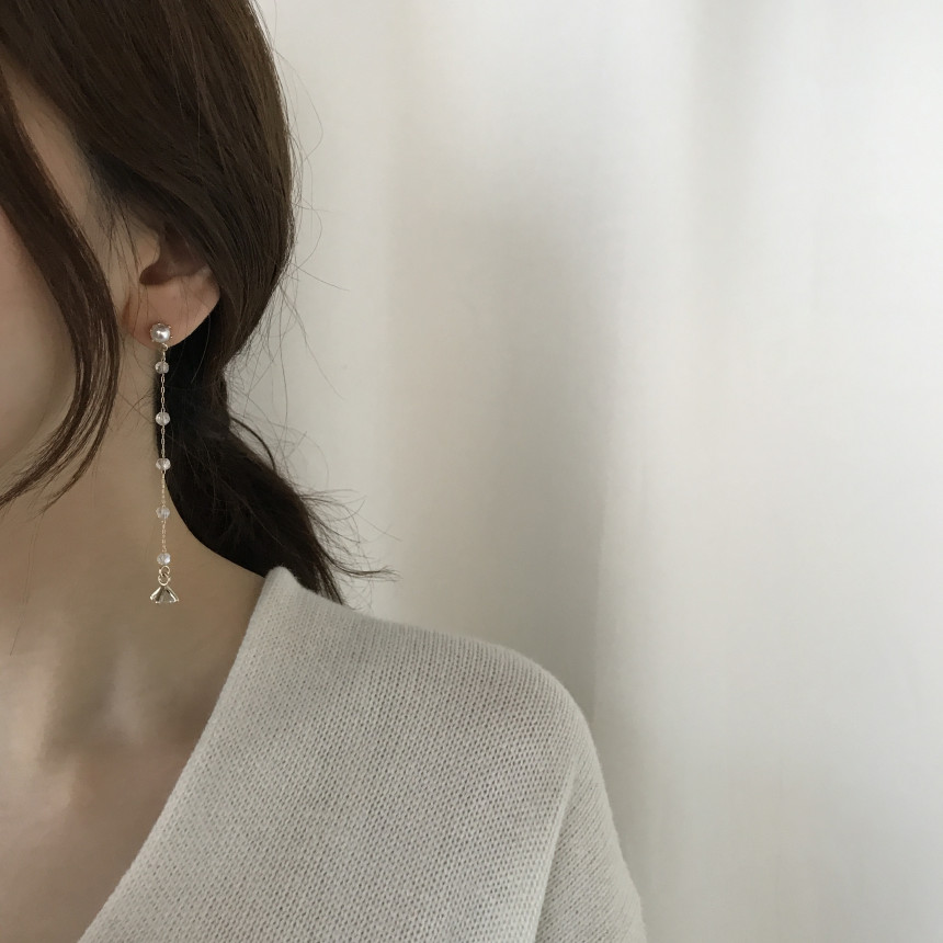 Shy Pearl Cubic Long Drop Earrings Feminine Style 