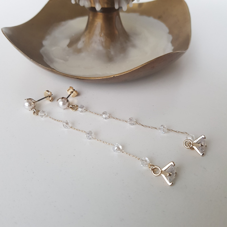 Shy Pearl Cubic Long Drop Earrings Feminine Style 