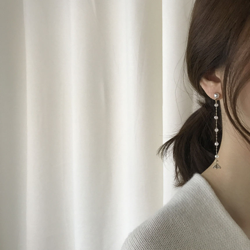 Shy Pearl Cubic Long Drop Earrings Feminine Style 