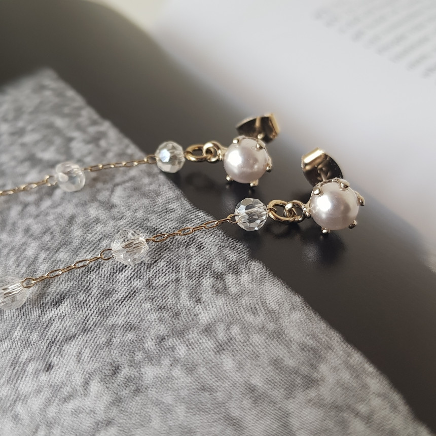 Shy Pearl Cubic Long Drop Earrings Feminine Style 