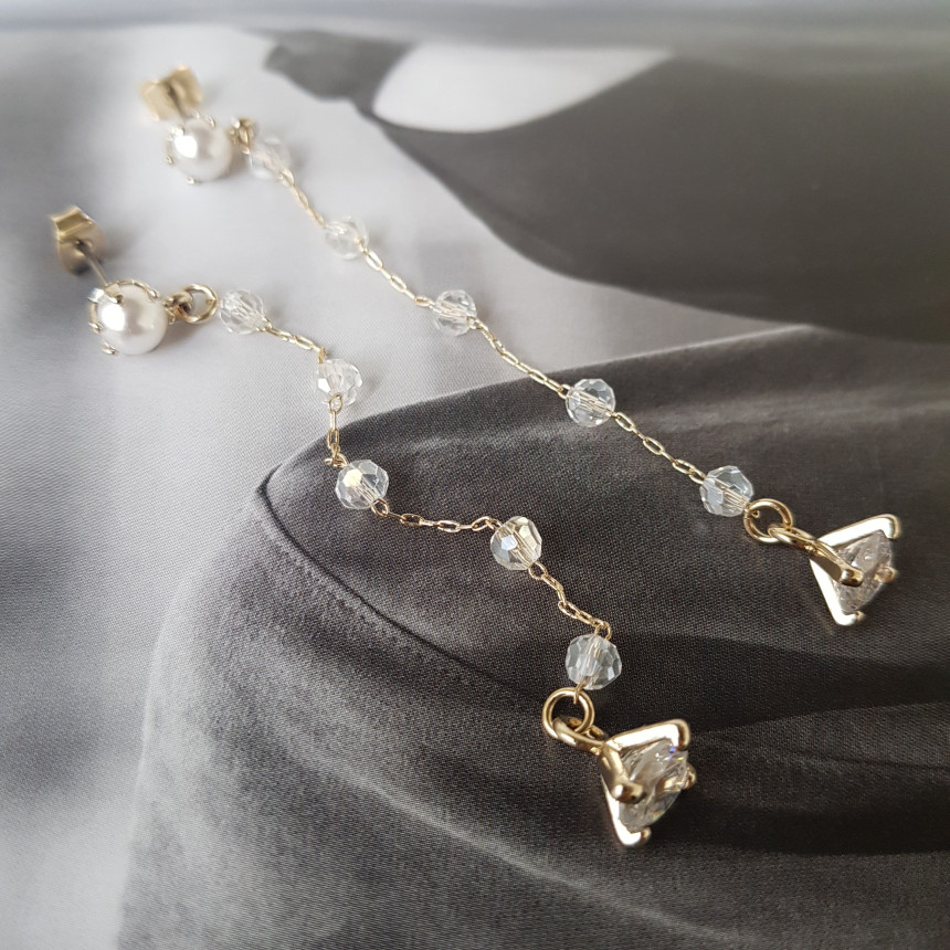 Shy Pearl Cubic Long Drop Earrings Feminine Style 