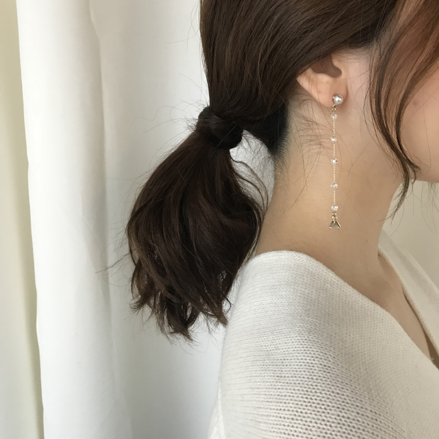 Shy Pearl Cubic Long Drop Earrings Feminine Style 