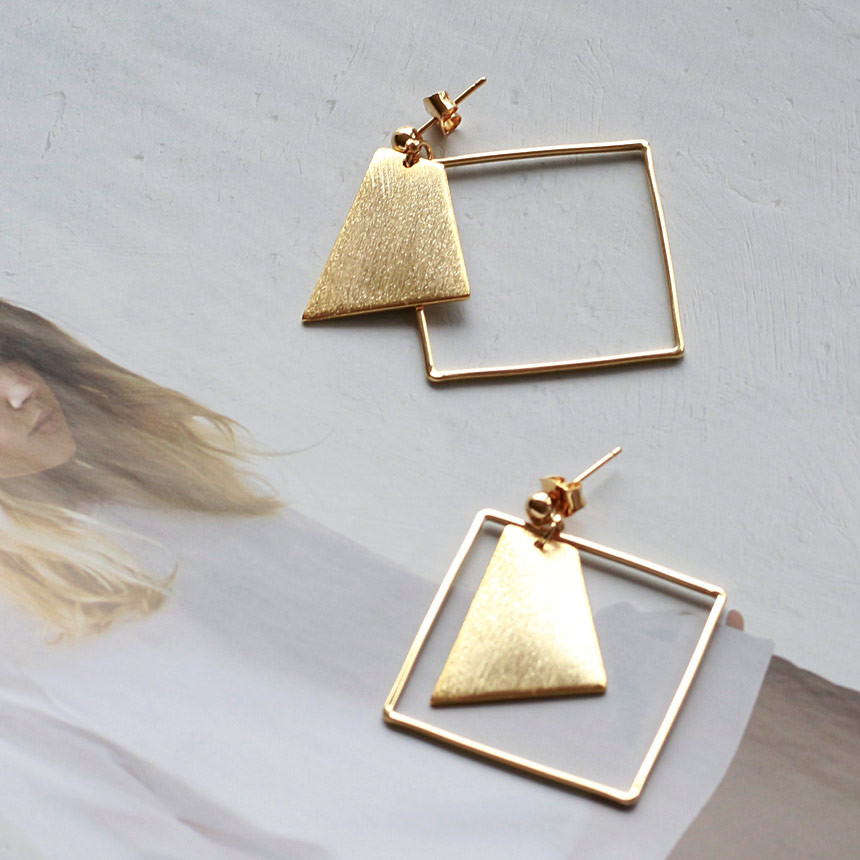 Square Gold Drop Earrings Bold Modern Girlfriend G