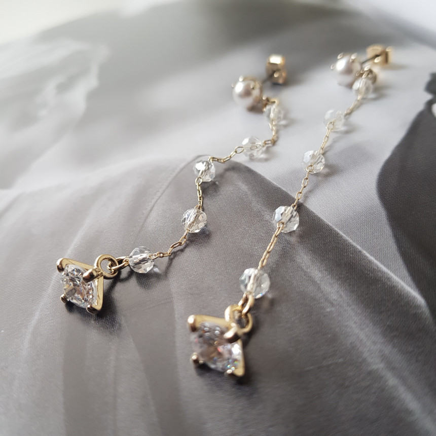 Shy Pearl Cubic Long Drop Earrings Feminine Style 