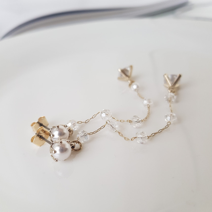 Shy Pearl Cubic Long Drop Earrings Feminine Style 