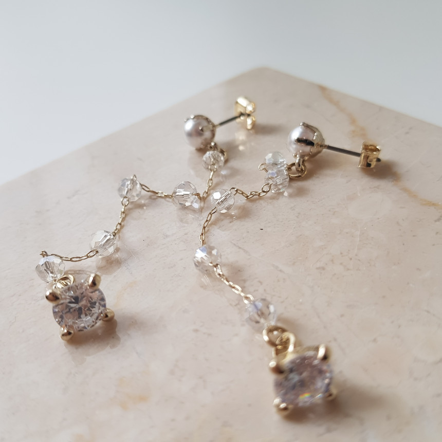 Shy Pearl Cubic Long Drop Earrings Feminine Style 