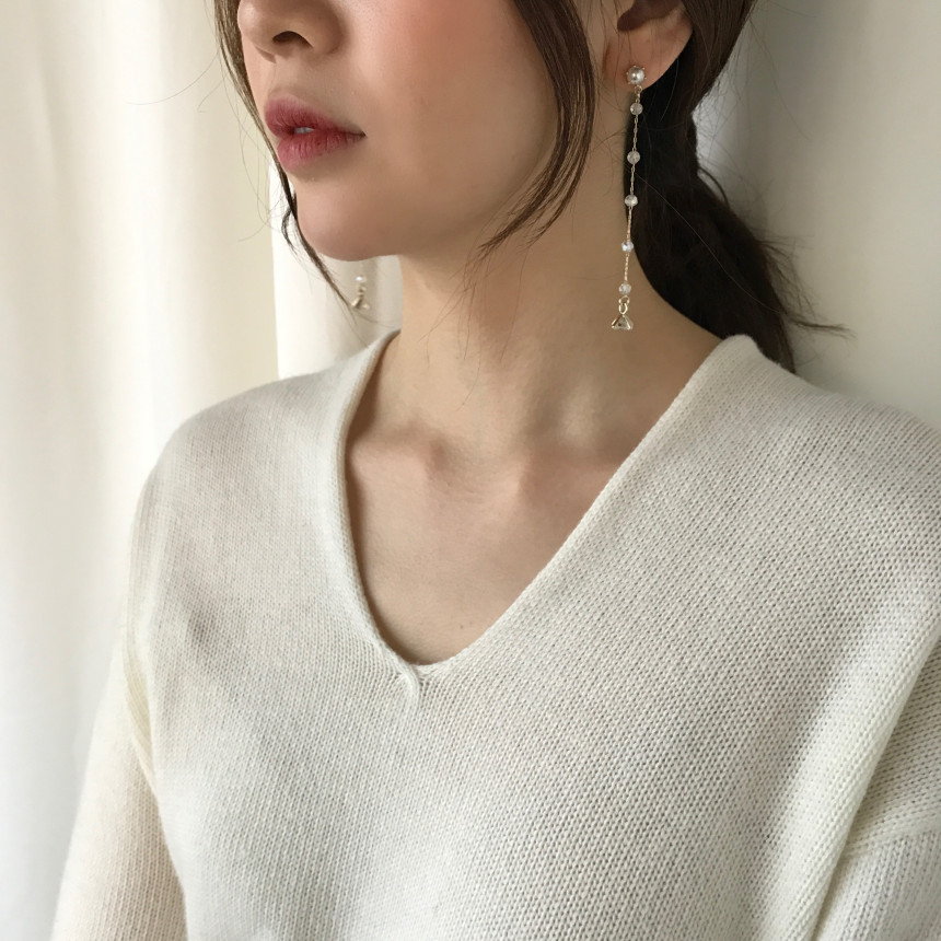 Shy Pearl Cubic Long Drop Earrings Feminine Style 
