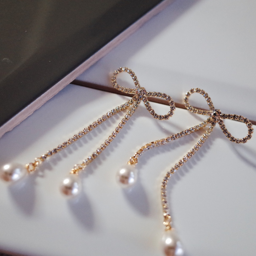 Ribbon Girl Stone Earrings Long Pearl Drop Earring