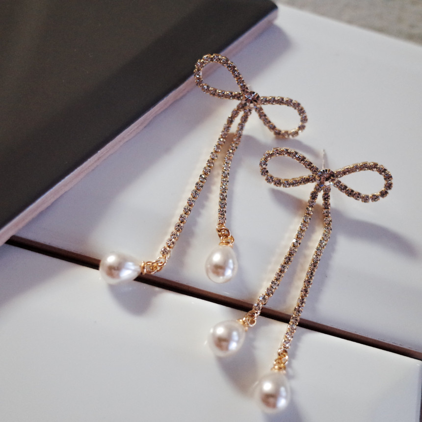 Ribbon Girl Stone Earrings Long Pearl Drop Earring