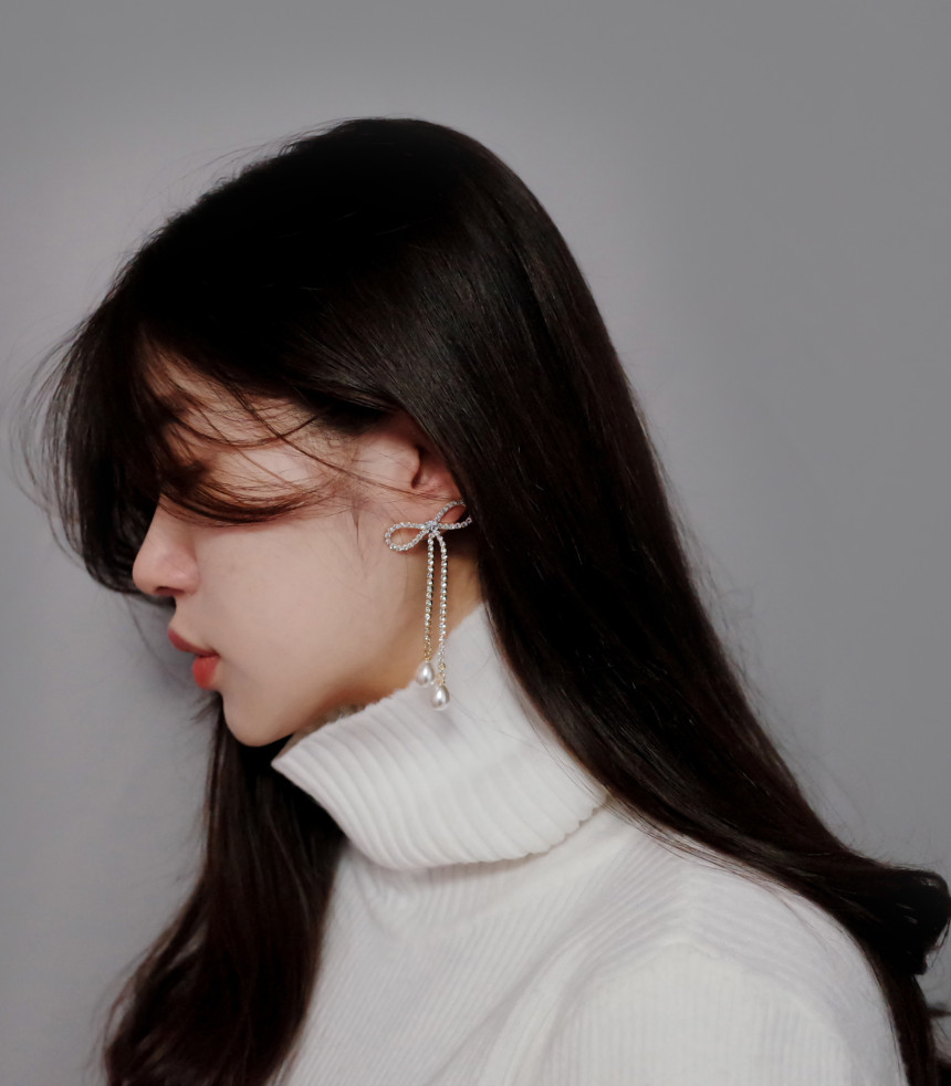 Ribbon Girl Stone Earrings Long Pearl Drop Earring