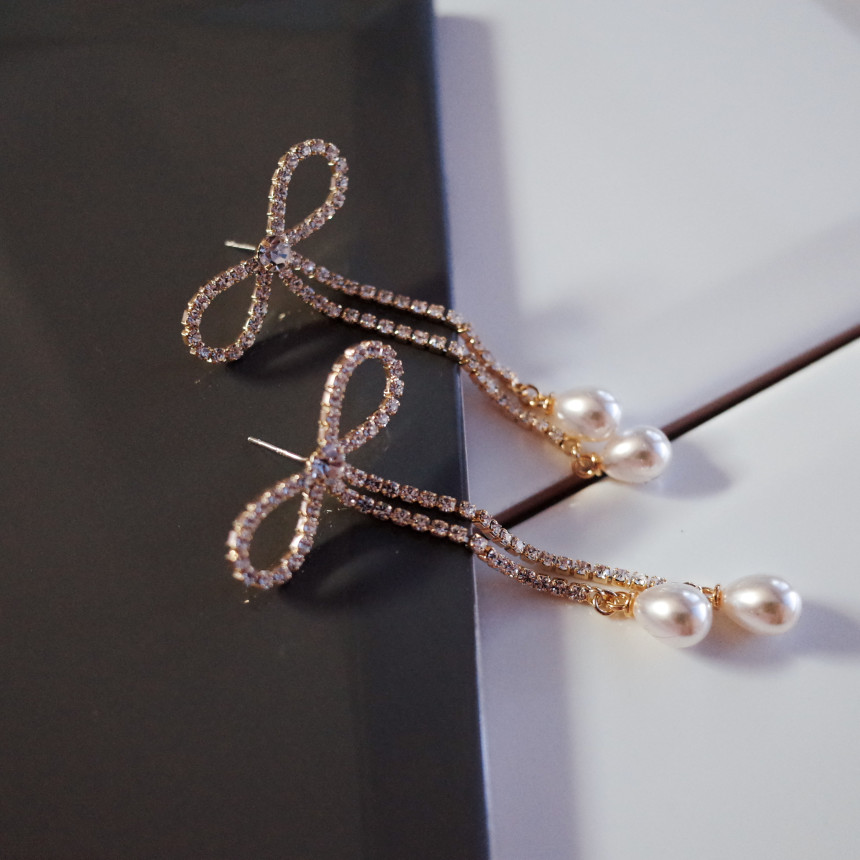 Ribbon Girl Stone Earrings Long Pearl Drop Earring