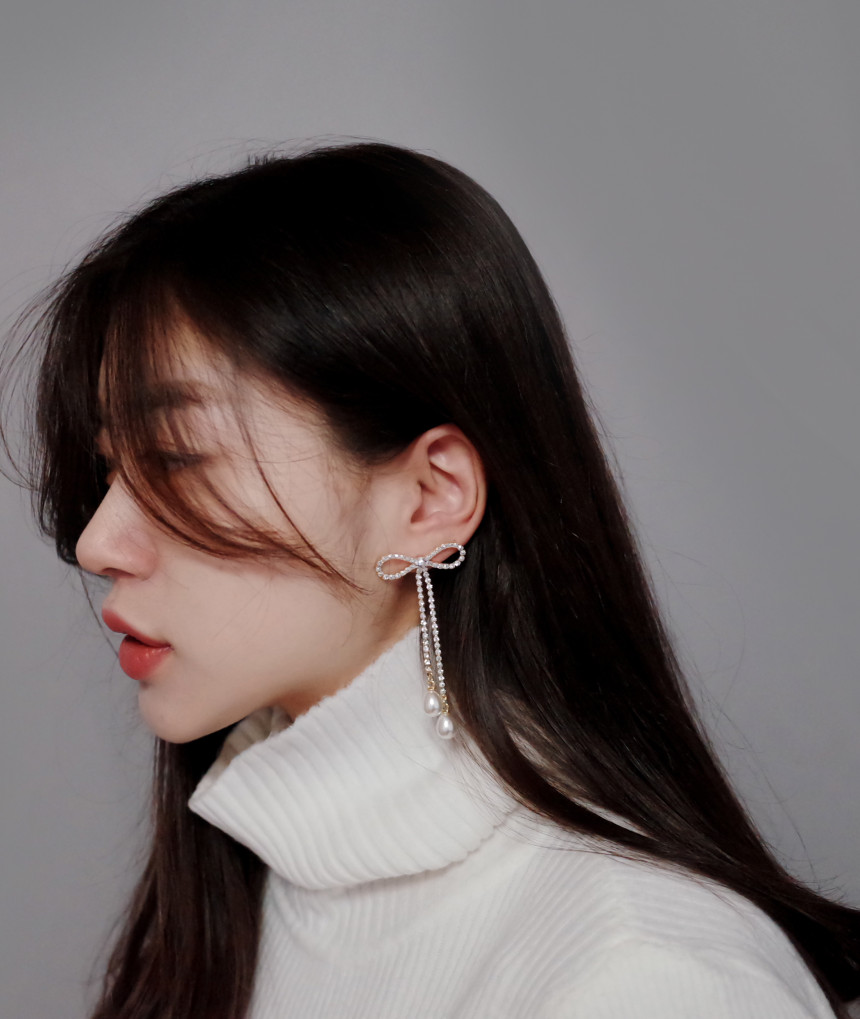 Ribbon Girl Stone Earrings Long Pearl Drop Earring