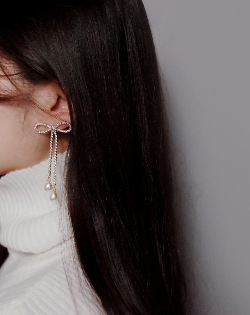 Ribbon Girl Stone Earrings Long Pearl Drop Earring