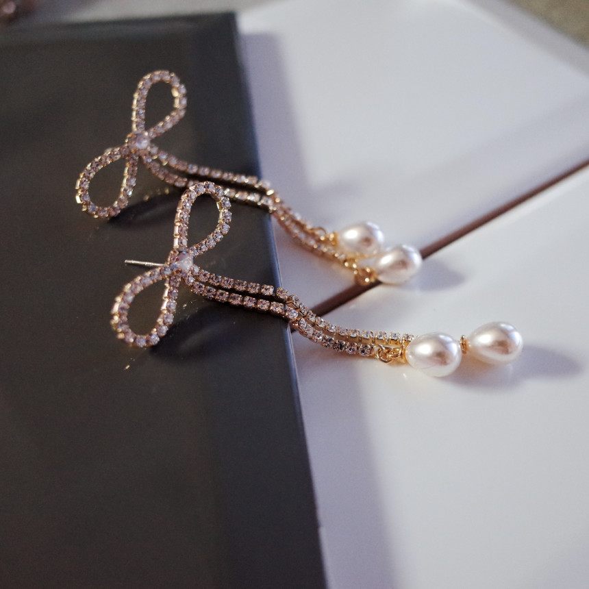 Ribbon Girl Stone Earrings Long Pearl Drop Earring