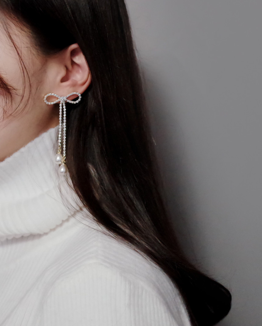 Ribbon Girl Stone Earrings Long Pearl Drop Earring