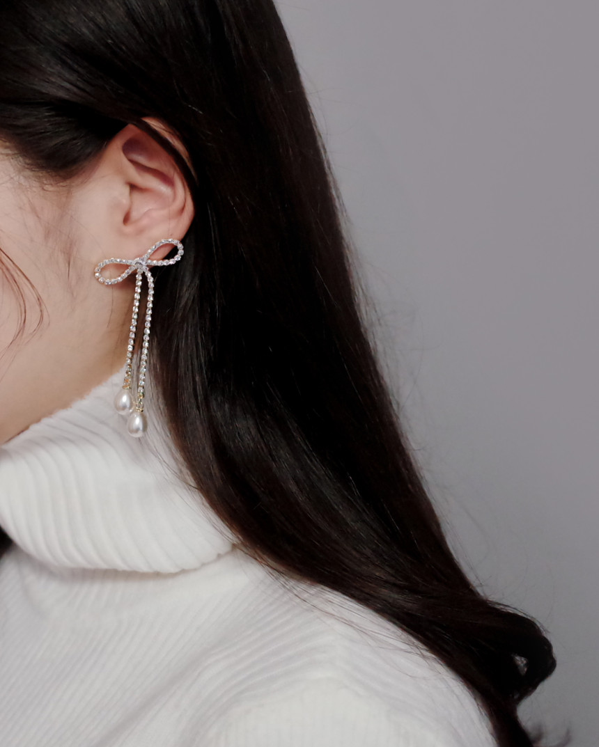Ribbon Girl Stone Earrings Long Pearl Drop Earring