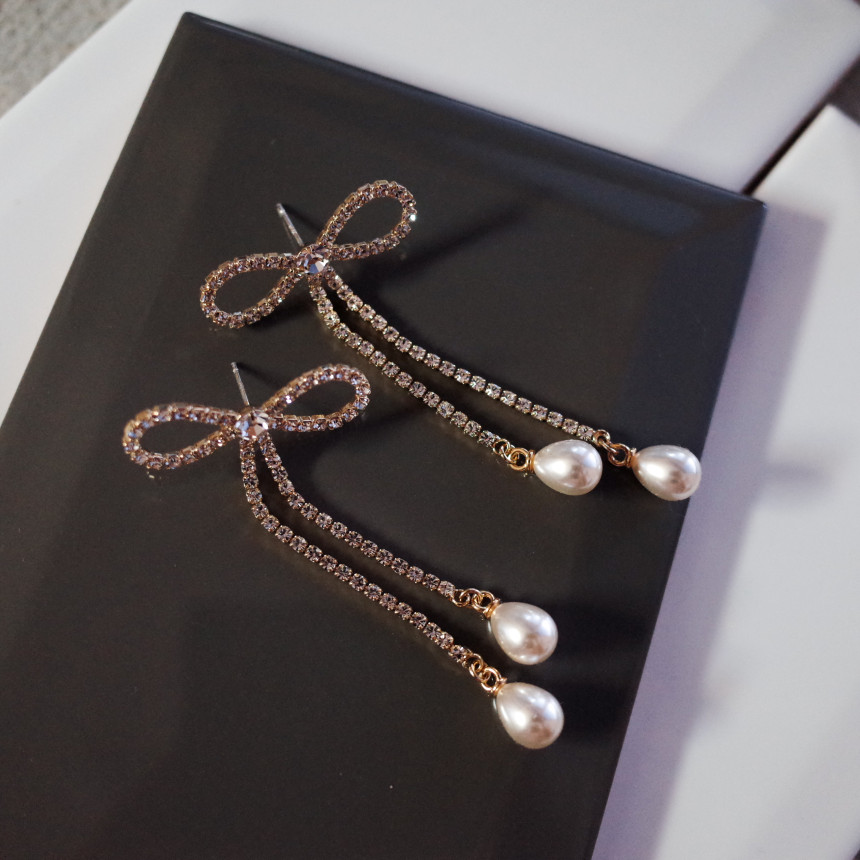 Ribbon Girl Stone Earrings Long Pearl Drop Earring