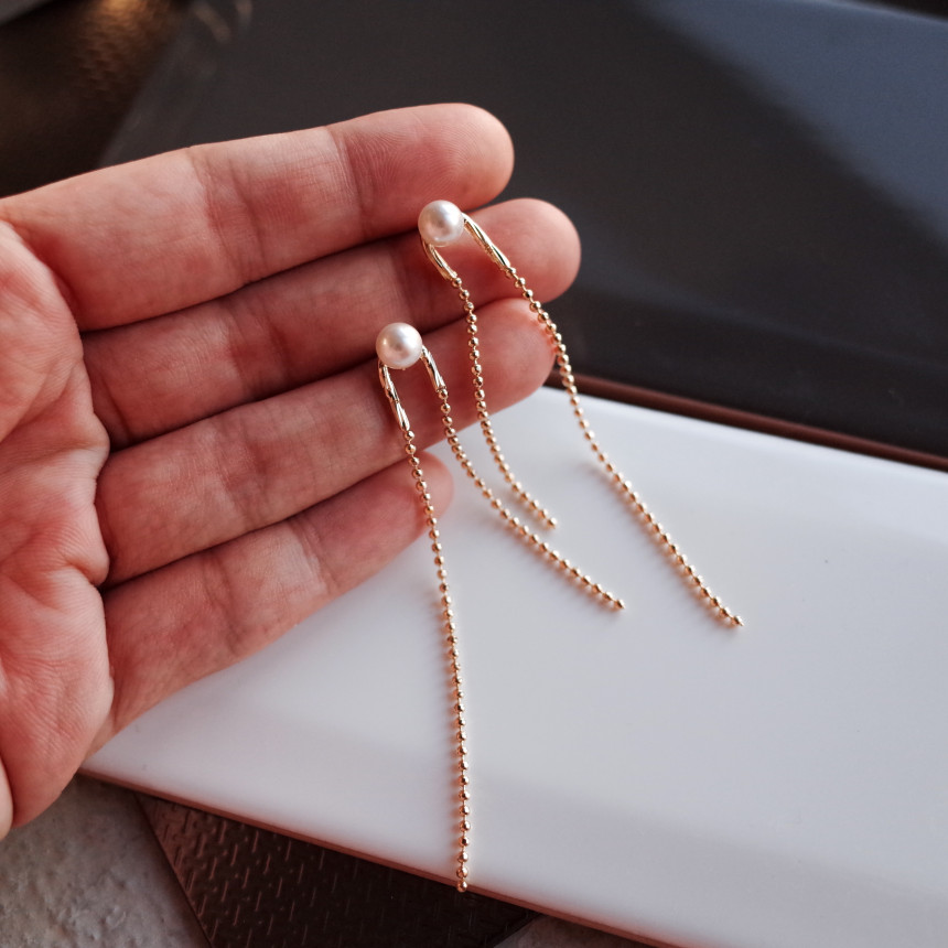 NO.72 Swarovski Pearl Two Rings Long Drop Earrings