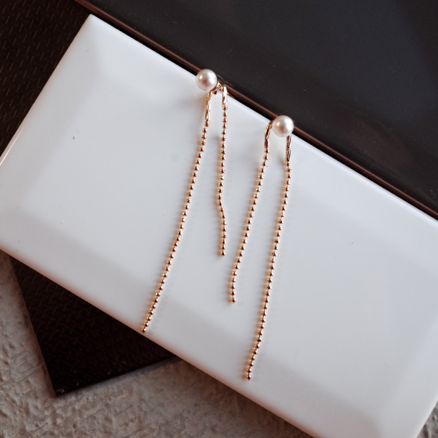 NO.72 Swarovski Pearl Two Rings Long Drop Earrings