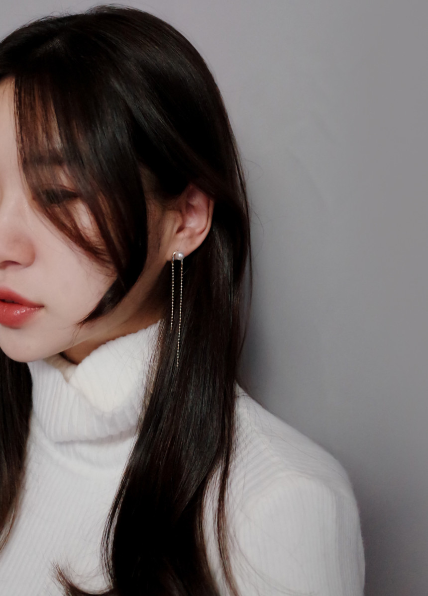 NO.72 Swarovski Pearl Two Rings Long Drop Earrings