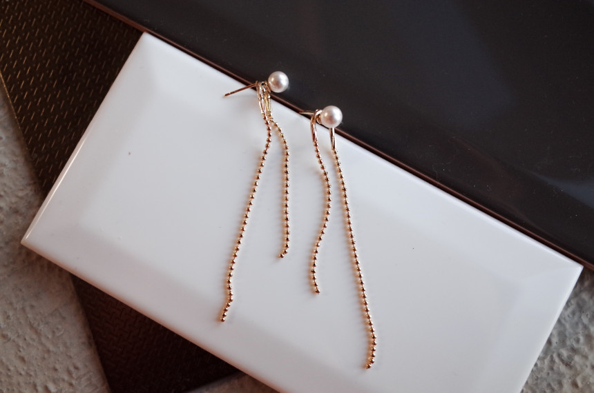 NO.72 Swarovski Pearl Two Rings Long Drop Earrings