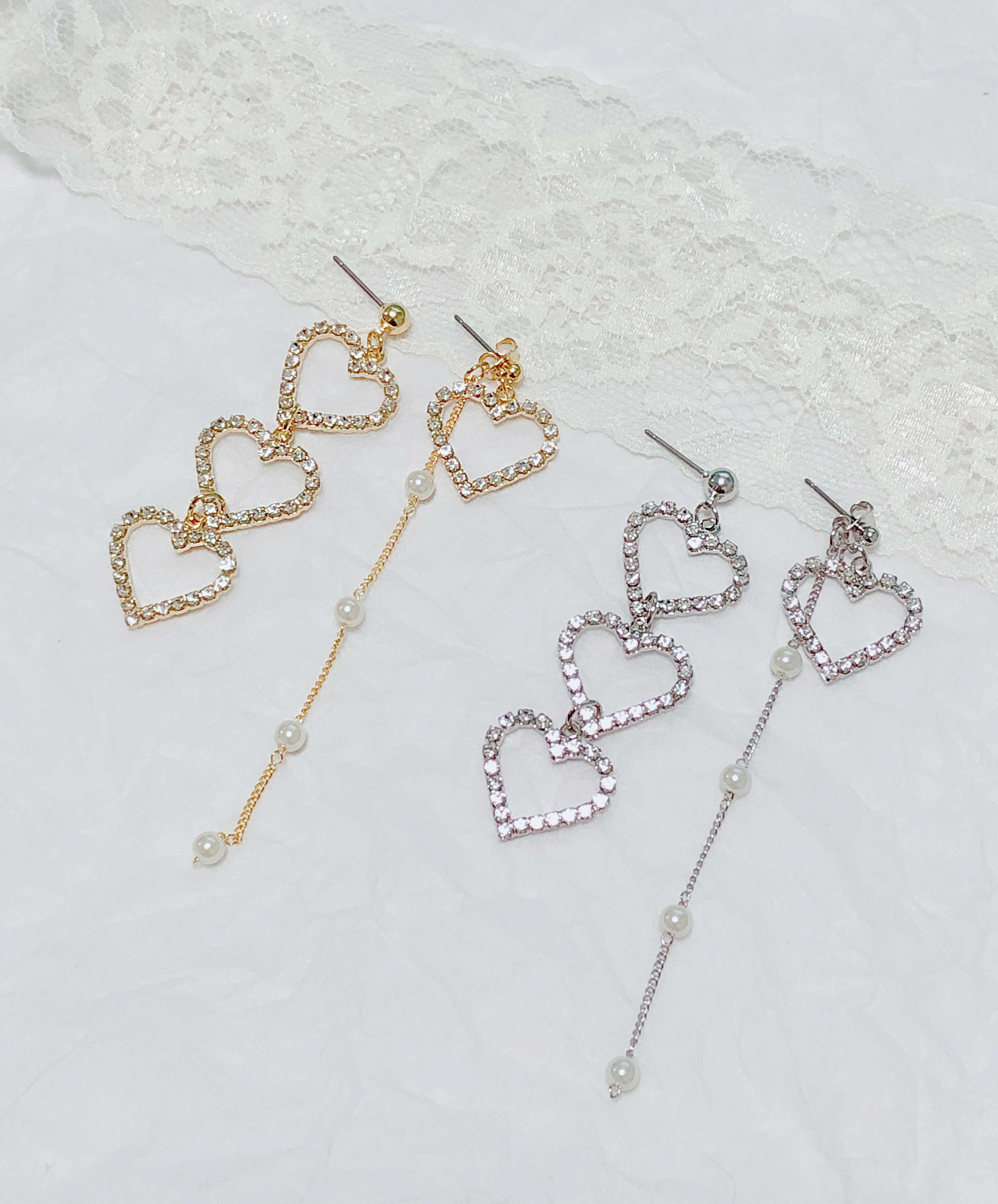 Unique Pearl Triple Heart Drop Earrings Silver, Go